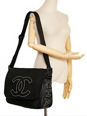 CHANEL Black CC  Sports Line Messenger Nylon Bag